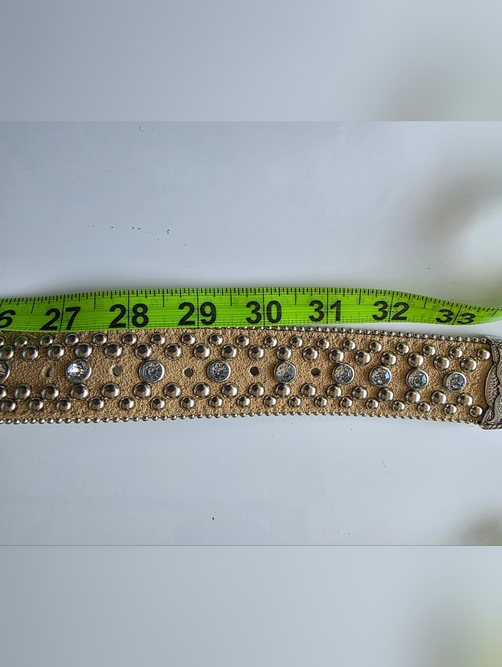 Vintage Western Studded Leather Belt Rhinestone Silver Buckle Boho Y2K S/M - Picture 6 of 11